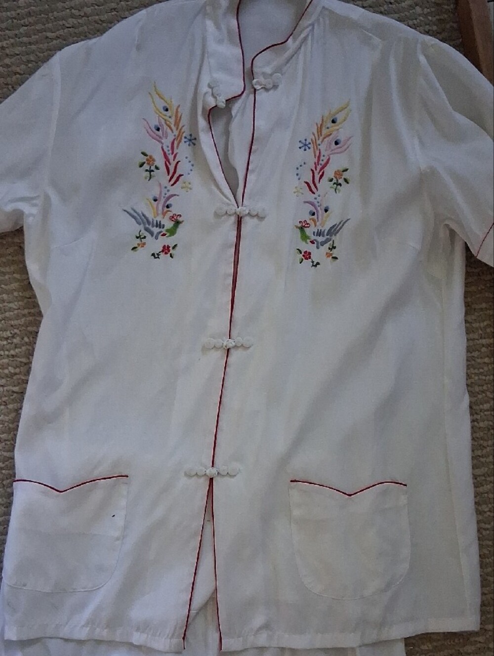 Vintage Asian Pajama Set with Floral Embroidery Cotton M - Picture 2 of 2